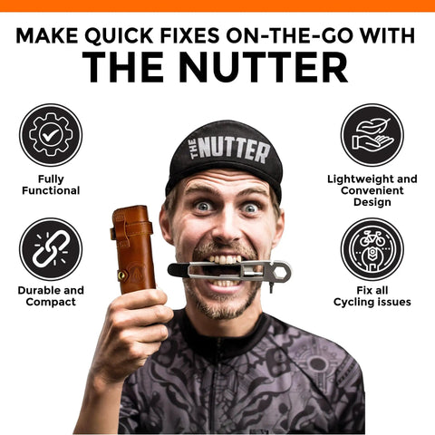 Man holding On The Go MTB Repair Multitool For Mountain Road And Dirt Bikes with multitool in mouth, compact brown case in hand