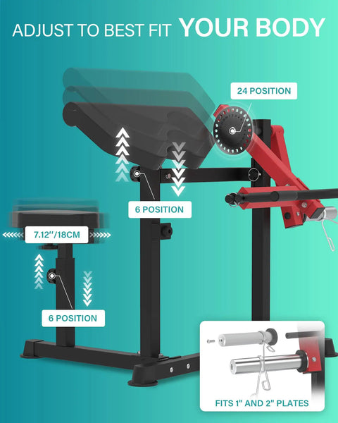 2 In 1 Bicep And Tricep Curl Machine With Adjustable Preacher Arm And Plate Loaded Design For Home Gym Red showing adjustments