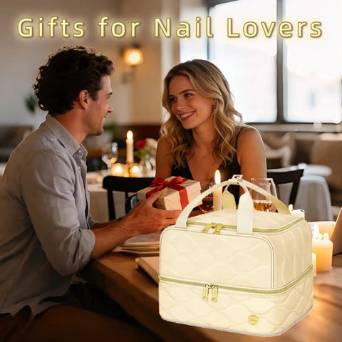 Two Layer Nail Polish Organizer Case That Holds 42 Plus 15ml Bottles in beige, shown on a table with a couple exchanging gifts.