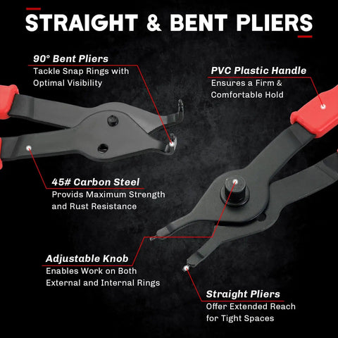 11 Piece Snap Ring Pliers Set Tough As Nails Heavy Duty Straight And Bent Retaining Ring Pliers With Hook And Pick Internal And External Circlip Removal Tools For Cars Trucks Motorcycles Lawn Mower And Farm Equipment Built With Heat Treated 45 Steel showing straight and bent pliers with ergonomic grips.