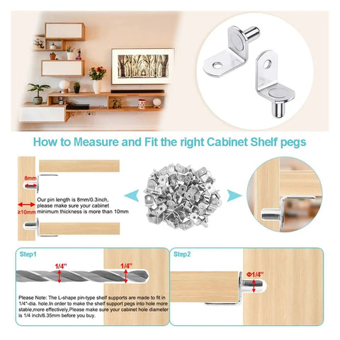 Diagram showing installation of Heavy Duty L Shaped Shelf Pegs 40 Piece Set with Holes 1 4 Inch Diameter for furniture