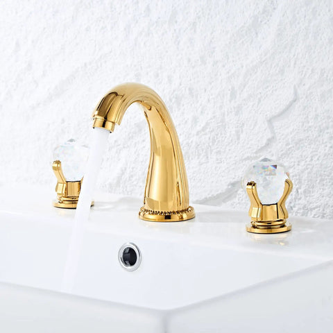 8 Inch Widespread Brass Bathroom Sink Faucet With Crystal Handles Deck Mounted Gold Ti PVD Finish No Drip Ceramic Cartridge