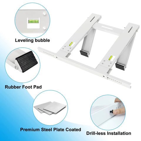 Diagram of Drill Free Window Air Conditioner Bracket Heavy Duty Universal Fit No Drilling Required Easy Install, leveling bubble, rubber foot pad.