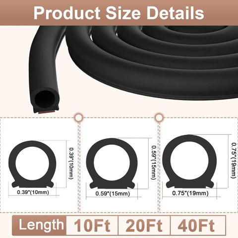 Automotive D-shaped rubber weatherstripping door seal, black, self-adhesive; 10 ft coil with cross-section sizes.