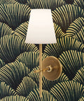 Dope Indigo Floral Wallpaper Featuring Sleek Gold Metallic Finish And Rich Fibrous Texture For A Clean Home Flex That Slaps On Walls While Staying Eco Friendly And Made In The Usa with white shade wall sconce.