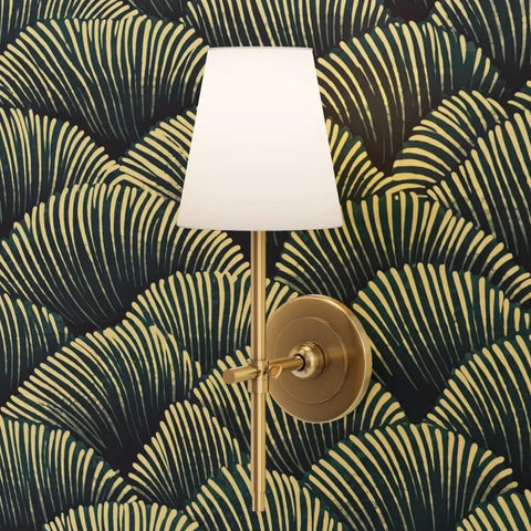 Dope Indigo Floral Wallpaper Featuring Sleek Gold Metallic Finish And Rich Fibrous Texture For A Clean Home Flex That Slaps On Walls While Staying Eco Friendly And Made In The Usa with white shade wall sconce.