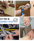Hands using tools performing tasks with 21-Piece Basic Household Tool Kit For Easy Grab-and-Go DIY Fixes, Portable Home Repair Set.