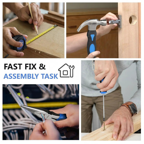 Hands using tools performing tasks with 21-Piece Basic Household Tool Kit For Easy Grab-and-Go DIY Fixes, Portable Home Repair Set.