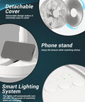 8 Inch Oscillating Desk Fan With Rechargeable Battery USB Powered Quiet Portable Cooling showing detachable cover, phone stand, smart lighting