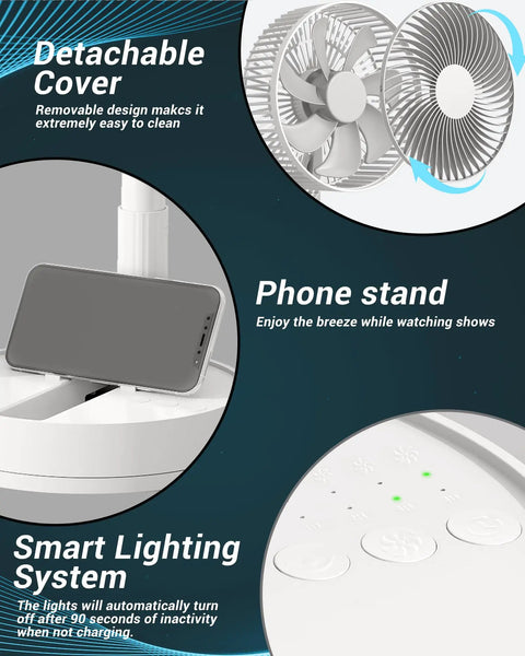8 Inch Oscillating Desk Fan With Rechargeable Battery USB Powered Quiet Portable Cooling showing detachable cover, phone stand, smart lighting