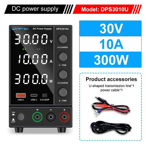 Front view of a DC Variable Power Supply With Auto Voltage Detect 110V 220V Upgrade, Adjustable 0 to 30V 0 to 10A, display and accessories.
