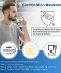 Man drinking water, certification logos for 20 Inch By 4.5 Inch Heavy Duty Whole House Pleated Sediment Filter For Well Water Replacement Cartridge 2 Pack Fits ECP5 BB AP810 2 HDC3001 SPC 45 1005 CP5 BB ECP1 20BB