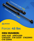Heavy Duty Gas Struts For Truck Canopy Topper And Rear Window Replacement Forty Five Pound Lift Supports Two Pack showing compressed and extended lengths.