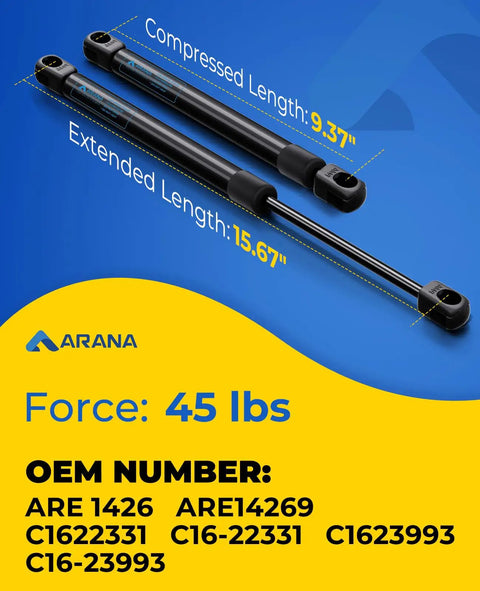 Heavy Duty Gas Struts For Truck Canopy Topper And Rear Window Replacement Forty Five Pound Lift Supports Two Pack showing compressed and extended lengths.
