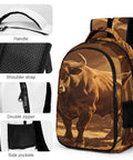 Long Horn Bull Vintage Print Backpack with details of handle, shoulder strap, double zipper, and side pockets.
