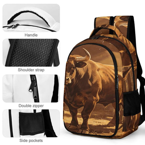 Long Horn Bull Vintage Print Backpack with details of handle, shoulder strap, double zipper, and side pockets.