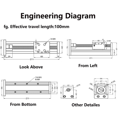 Engineering diagram of 1200mm Travel Ball Screw Linear Guide Slide with RM1610 SFU1610 and Nema 17 Stepper, CNC precision