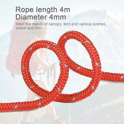 Close-up of Eight Pack High Reflective 4mm Tent Guy Lines With Aluminum Tensioner, Lightweight Camp Ropes in red, outdoor backdrop.