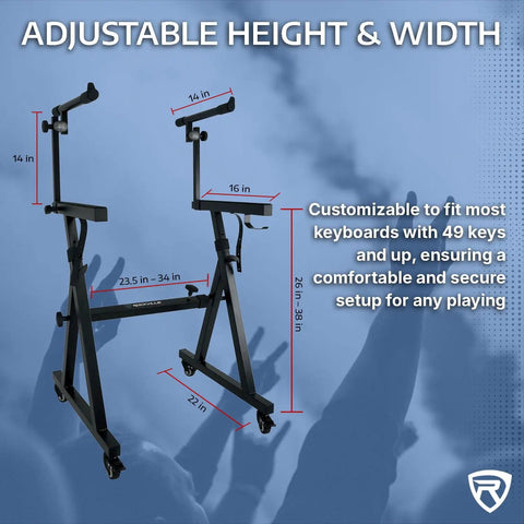 Heavy-Duty Dual-Tier Keyboard Stand With Locking Wheels, Adjustable 26 to 38 Inches Height and 23 to 34 Inches Width diagram