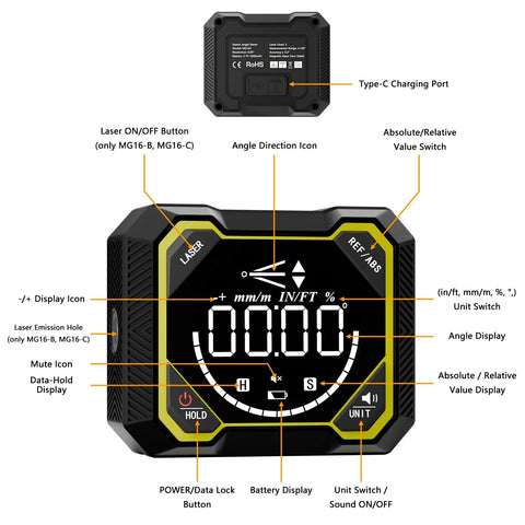 Pro Level Digital Angle Finder With Laser And Magnetic Base And Usb Rechargeable Electronic Inclinometer control panel with buttons and display features