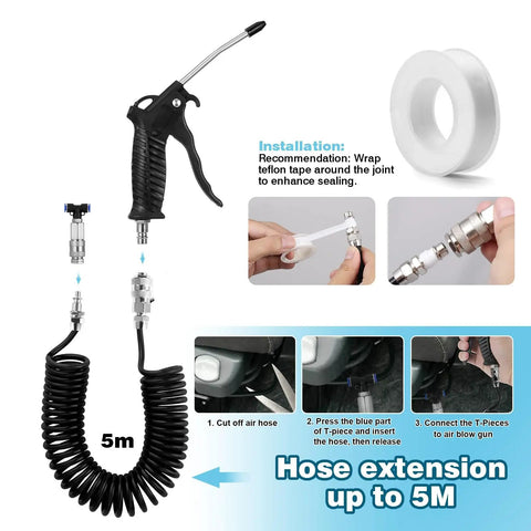 Truck Air Duster Gun with five meter recoil hose showing installation process and components for cab cleaning.