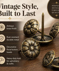 Top Shelf Antique Brass Upholstery Tacks Two Hundred Piece Set decorative thumb nails on wooden surface with floral design.