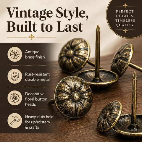 Top Shelf Antique Brass Upholstery Tacks Two Hundred Piece Set decorative thumb nails on wooden surface with floral design.