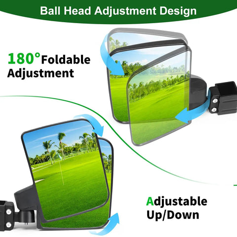 Dead Simple Golf Cart Side And Rear View Mirror Set Offering Badass HD Reflections No Drill Bracket Mount universal fitment showing 180° foldable adjustment.