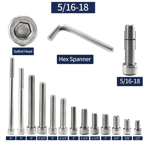Top Shelf 5/16 Inch Socket Head Cap Screws 18-8 Stainless Steel Bolts Full Thread Hex Drive Fasteners Includes Spanner Wrench displayed with sizes.