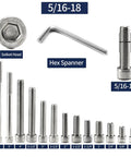 Hardcore 5/16-18 X 1-1/2 Inch Socket Head Cap Screws 10 Pack 304 Stainless Steel showing various sizes and hex spanner tool.