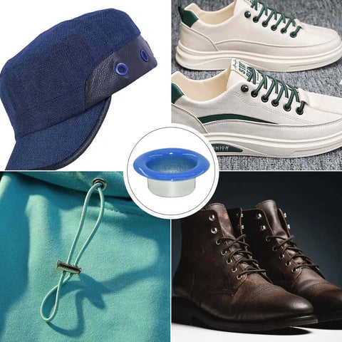 Grommets Kit 300 Sets 1/4 Inch Metal Eyelets with 10 color options displayed on shoes, hats, and clothes