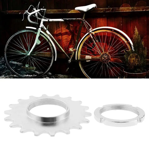 Fixed Gear Bike Sprocket 18T With Lock Ring For Single Speed Riders next to bicycle and wooden fence backdrop