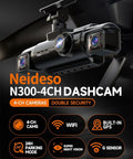 Close-up of Neideso N300-4CH dash cam showcasing dual lens with 360 Degree Dash Cam Front And Rear Inside Car Camera features.