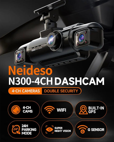 Close-up of Neideso N300-4CH dash cam showcasing dual lens with 360 Degree Dash Cam Front And Rear Inside Car Camera features.