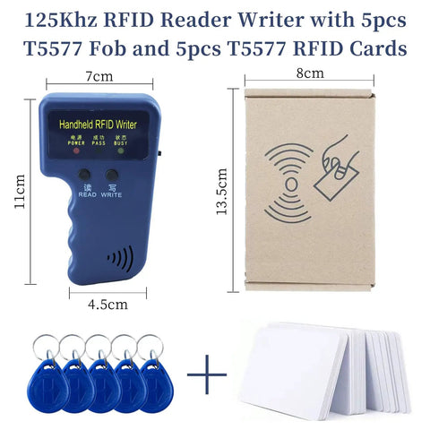 Portable No Fuss Handheld 125KHz RFID Reader Writer Copier for T5577 and EM4305 Smart ID Card Duplicator Easy to Use Includes 5 Writable Keyfobs And 5 Cards Battery Not Included