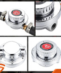 Universal Fuel Pressure Regulator Kit With 0-15 PSI Gauge And Adjustable 1-5 PSI Dial For Carburetor And Fuel Pump Plus Carburetor Fuel Block Upgrade, close-up view showing silver metal construction and connected hoses.