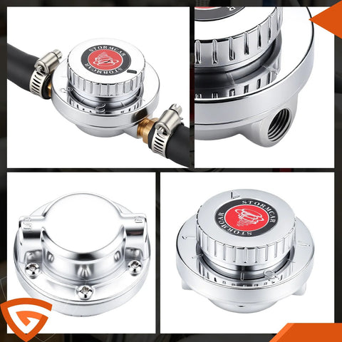 Universal Fuel Pressure Regulator Kit With 0-15 PSI Gauge And Adjustable 1-5 PSI Dial For Carburetor And Fuel Pump Plus Carburetor Fuel Block Upgrade, close-up view showing silver metal construction and connected hoses.