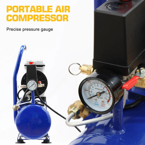 Heavy Duty Portable Air Compressor 9L 115 Psi With Reinforced Hose Quick Connector And Tire Gauge For Pneumatic Tools, detailed pressure gauge view.