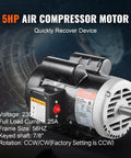 5HP Air Compressor Electric Motor, 230V 25 Amps, 56HZ Frame 3450RPM, 7/8" Keyed Shaft, 2.25" Shaft Length, Single Phase, CCW/CW