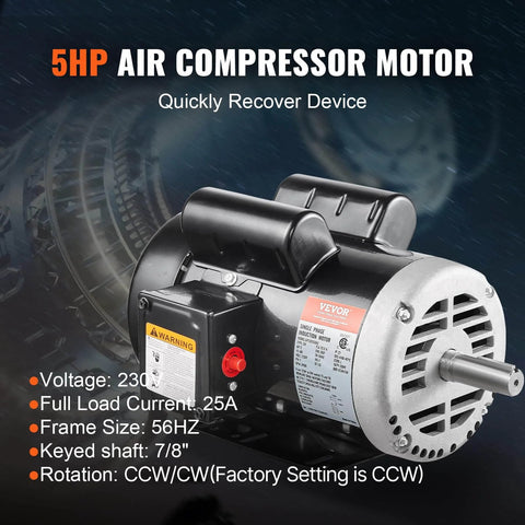 5HP Air Compressor Electric Motor, 230V 25 Amps, 56HZ Frame 3450RPM, 7/8" Keyed Shaft, 2.25" Shaft Length, Single Phase, CCW/CW