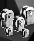 Four Pack Tough As Nails 304 Stainless Steel Groove Caster Wheels For Sliding Gates And Rolling Doors With Quiet Bearings That Glide Smooth U V H Style Track 3 Inch Heavy Duty on display.