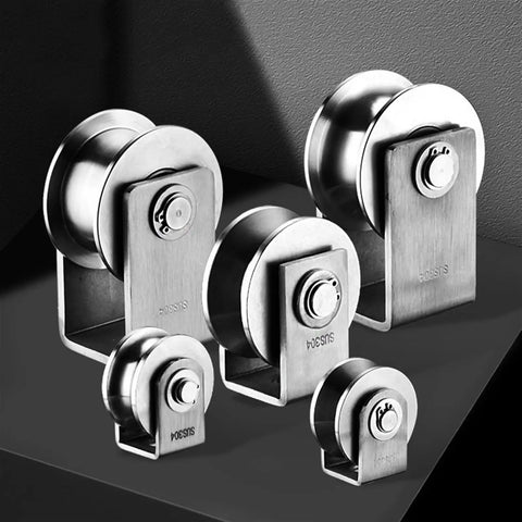 Four Pack Tough As Nails 304 Stainless Steel Groove Caster Wheels For Sliding Gates And Rolling Doors With Quiet Bearings That Glide Smooth U V H Style Track 3 Inch Heavy Duty on display.