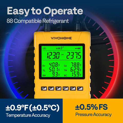 Digital HVAC Manifold Gauge Set with screen showing temperature and pressure readouts for R134a R410a R32 R1234yf R454B refrigerants.