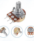 10 Pack Dope B10K Potentiometer 3 Pin 15mm Linear Ohm Variable Resistor for Volume and Light Control, shown in multiple angles