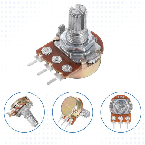 10 Pack Dope B10K Potentiometer 3 Pin 15mm Linear Ohm Variable Resistor for Volume and Light Control, shown in multiple angles