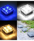 Ice Cube Solar Glass Brick Path Lights 4 Pack For Garden And Yard with frosted LED lighting in blue, white, and amber colors