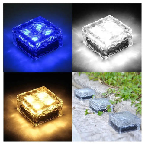 Ice Cube Solar Glass Brick Path Lights 4 Pack For Garden And Yard with frosted LED lighting in blue, white, and amber colors