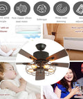 Stunning 52 Inch Retro Industrial Ceiling Fan Featuring Vintage Caged Shades And Five Reversible Solid Wood Blades With Slick Remote Controlled LED Light Kit For A Total Home Glow Up, detailed view with lighting and blades.