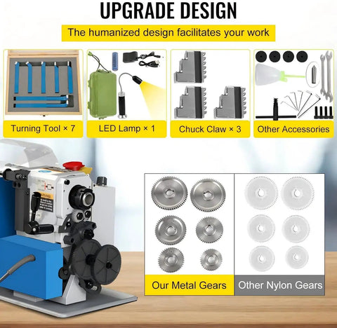 Heavy Duty Min Metal Lathe 7x14 Inch Benchtop Precision Machine accessories including turning tools, LED lamp, and chuck claws.