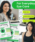 OPTASE eyelid cleansing wipes, two front-packages with green accents, tea tree oil, preservative-free formula